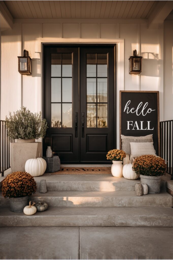 Minimal fall porch with “hello FALL” sign, pumpkins, and mums.