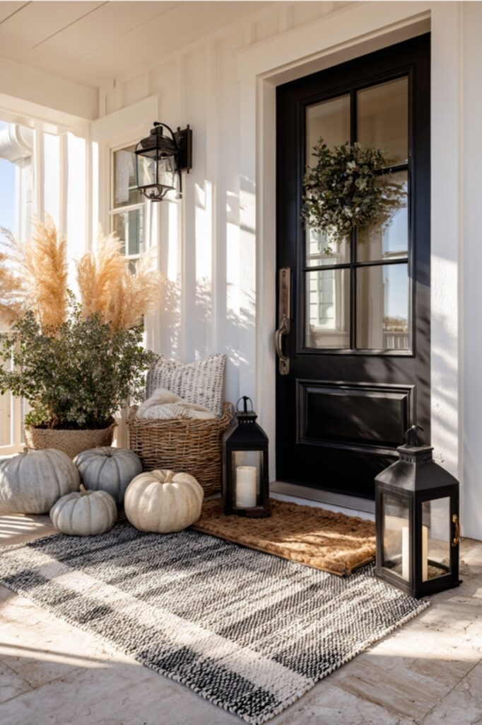 Neutral fall porch decor with pampas grass, lanterns, and soft-toned pumpkins.