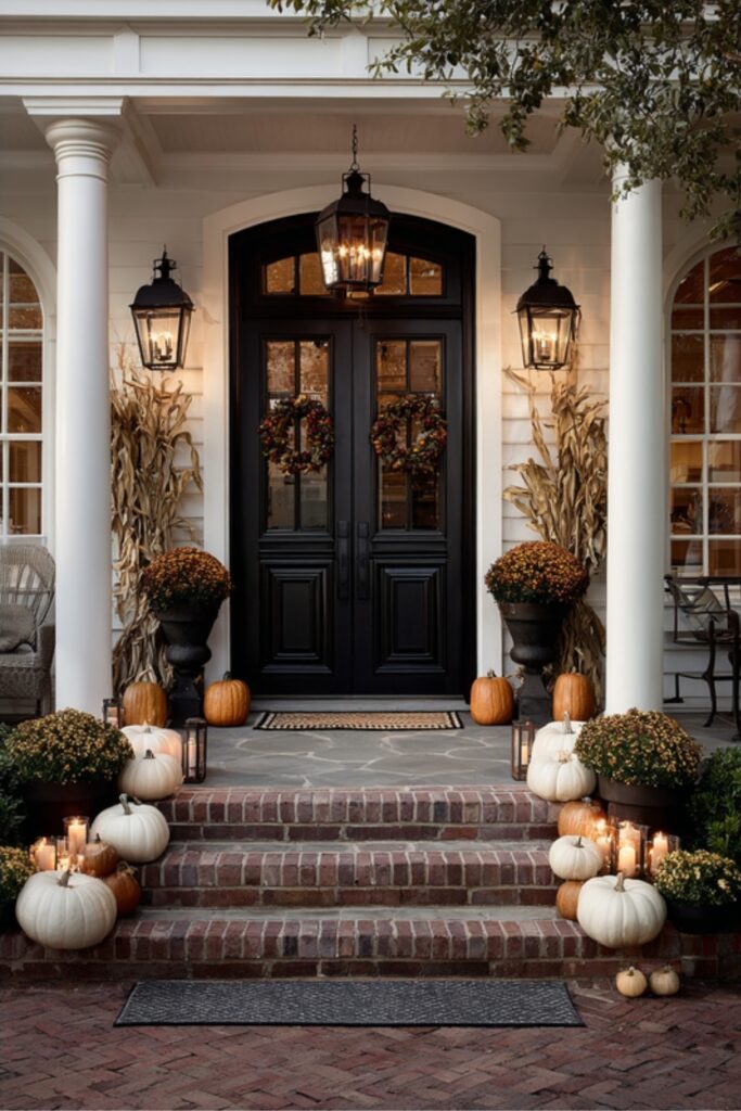 Elegant fall porch with black doors, pumpkins, and lanterns.