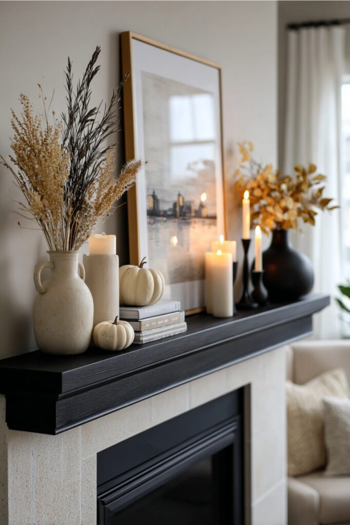 Minimalist fall mantel with candles, white pumpkins, and neutral vases.