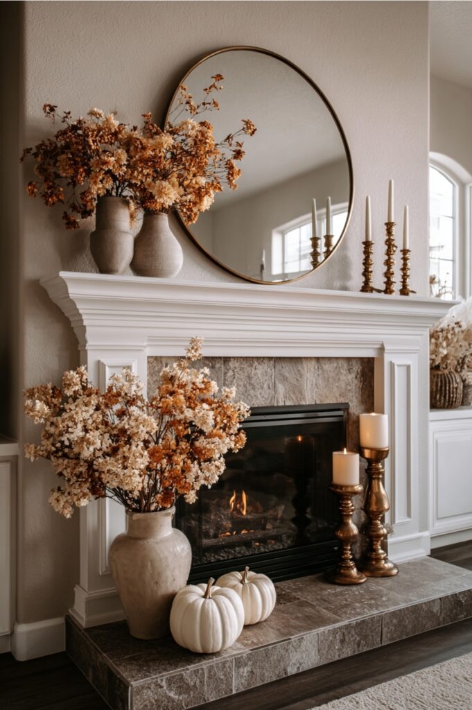 Elegant fall mantel with dried florals, candles, and white pumpkins.