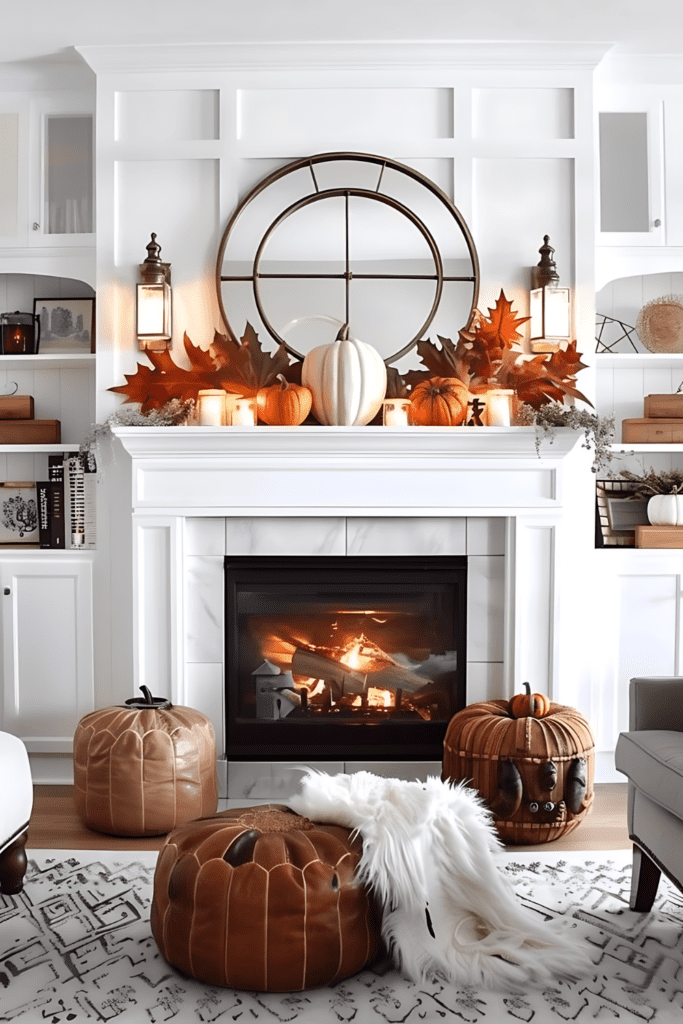 A modern mantel decorated for fall with a large circular mirror, metallic accents, white and orange pumpkins, and candles.