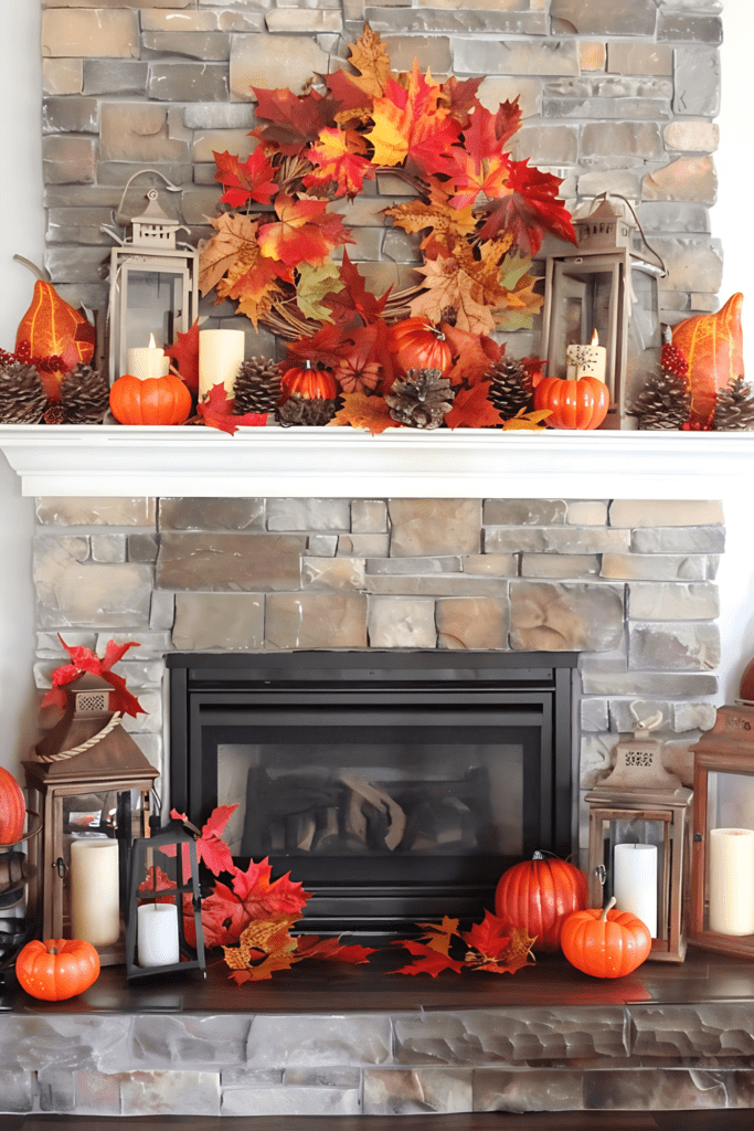 A rustic mantel decorated for fall with red and orange leaves, pumpkins, pinecones, and lanterns, set against a stone fireplace