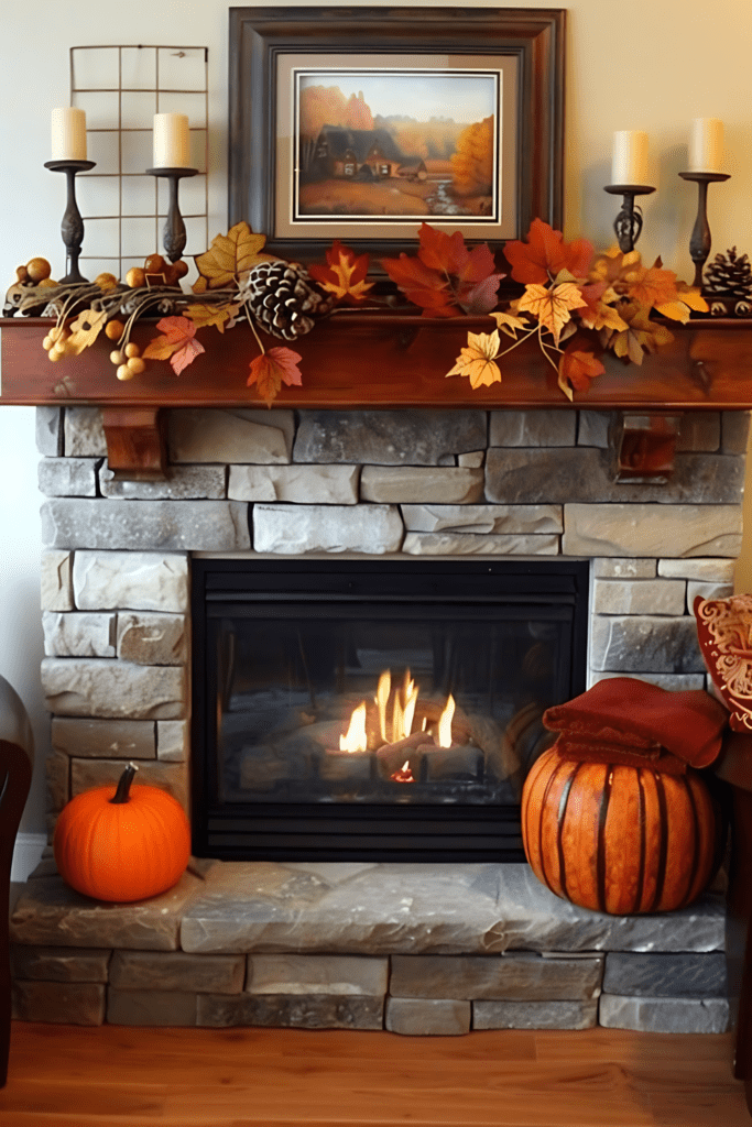 A cozy mantel decorated for fall with autumn leaves, pinecones, pumpkins, and a framed fall scene, flanked by rustic candleholders