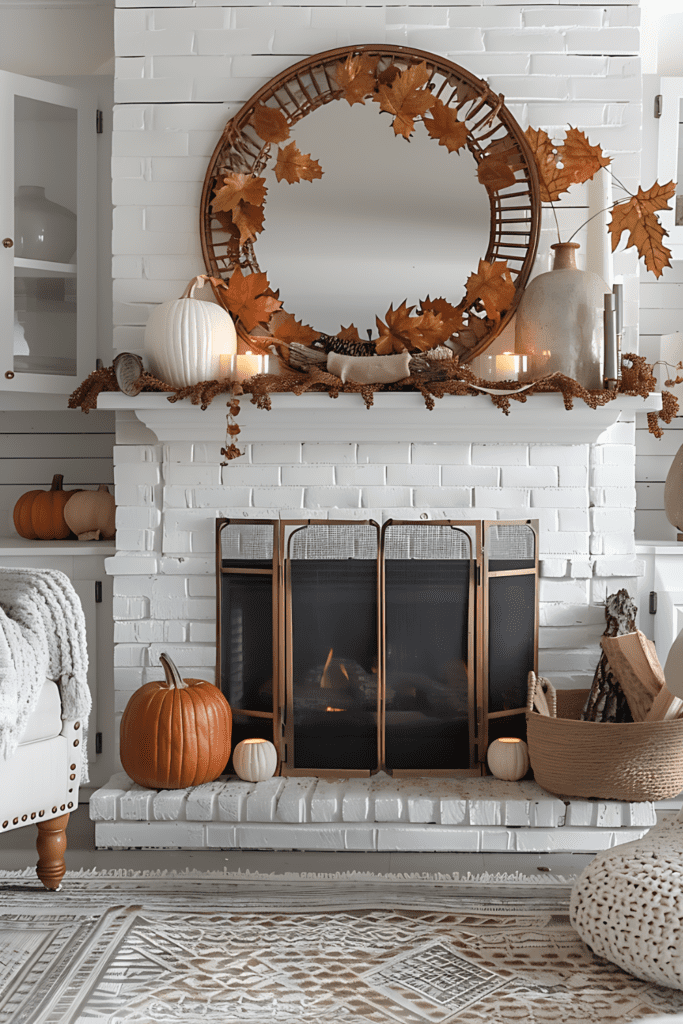 A minimalist mantel decorated for fall with a circular mirror adorned with autumn leaves, white pumpkins, and neutral-toned accessories.