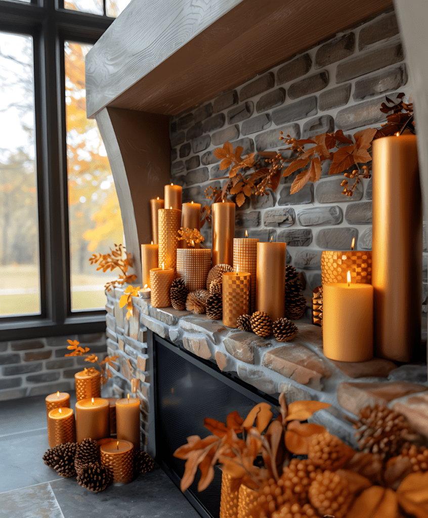 A fall mantel with golden candles and pinecones set against a rustic brick background, accented with orange foliage.