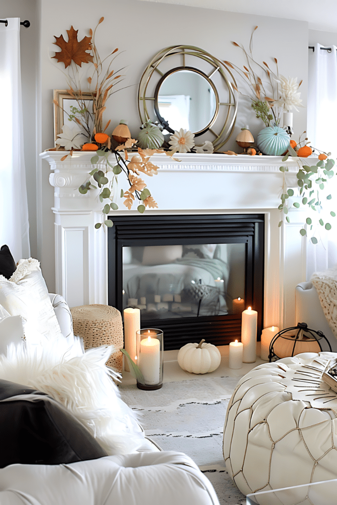 A fall mantel with light blue pumpkins, eucalyptus garland, candles, and neutral decor for a soft, cozy vibe.