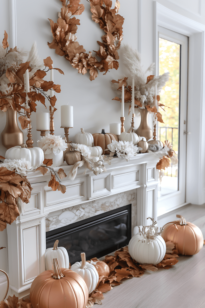 A fall mantel decorated with white pumpkins, floral arrangements, candles, and copper leaves for an elegant look.