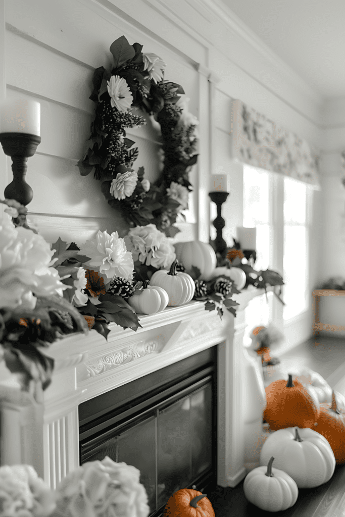 A monochrome fall mantel with black and white decor, including pumpkins, flowers, and candleholders, accented with subtle orange elements.