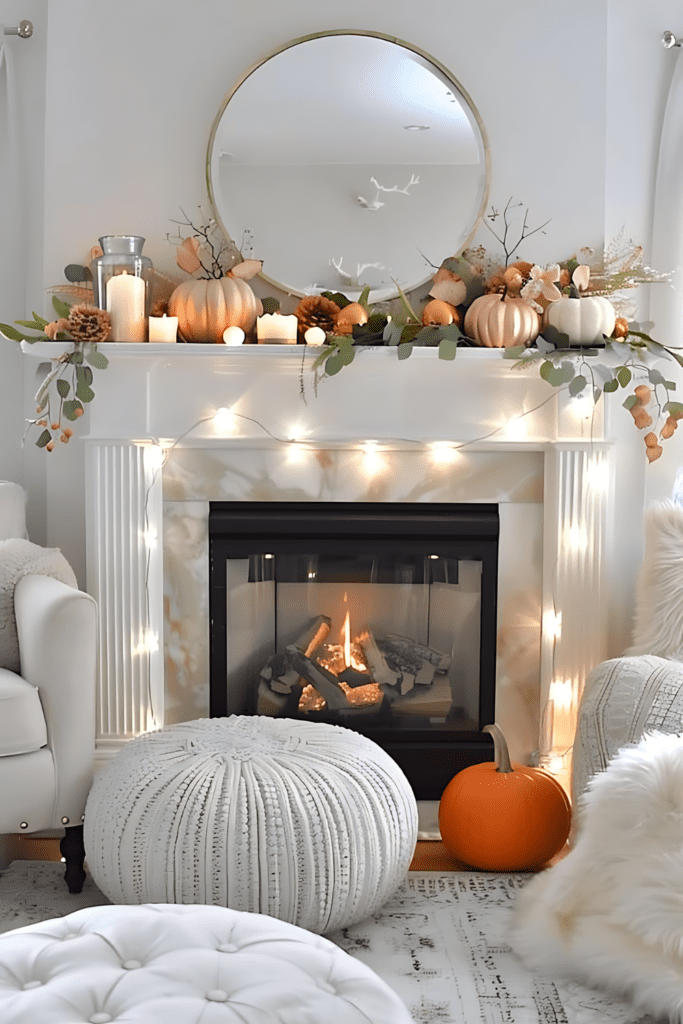 A whimsical fall mantel decorated with pumpkins, candles, a lush garland of greenery and fall foliage, and fairy lights.