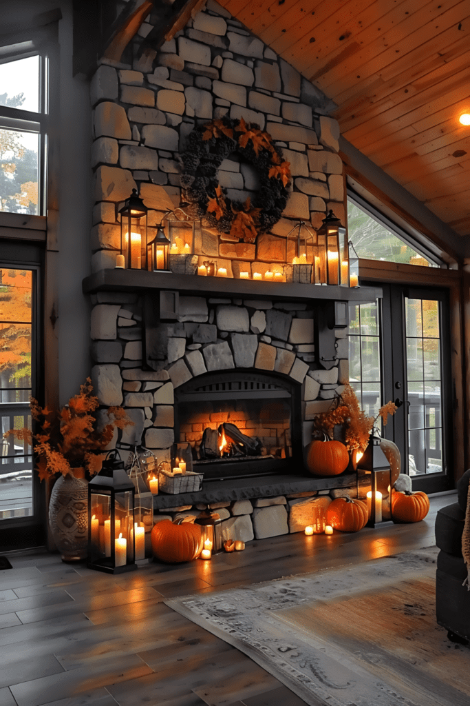 A rustic stone fireplace adorned for fall with candles, lanterns, pumpkins, and a wreath