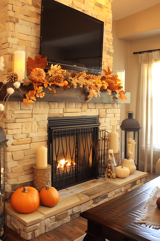 A rustic fall mantel with pinecones, pumpkins, and candles set against a stone fireplace.