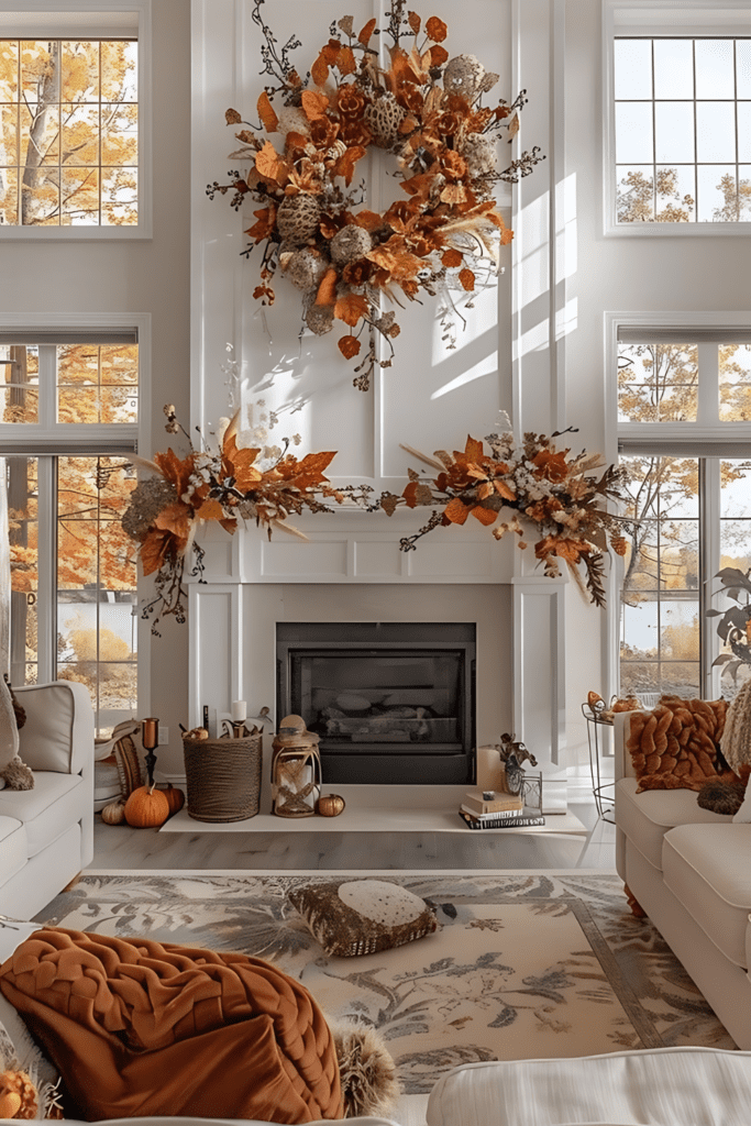 A grand fall mantel with a large wreath and matching floral arrangements, creating a stunning and dramatic display.