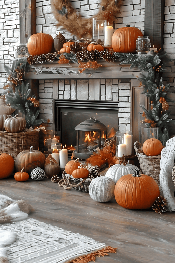 A rustic fall mantel decorated with a variety of pumpkins, pinecones, greenery, and candles.