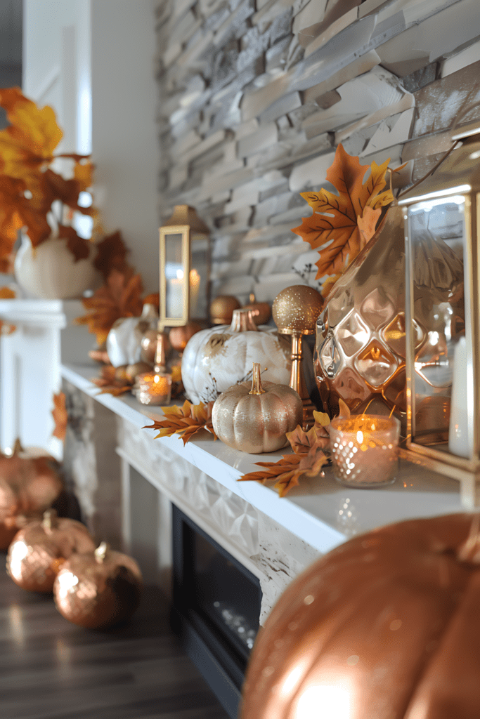 A fall mantel decorated with gold pumpkins, lanterns, and candles for a glamorous autumn look.