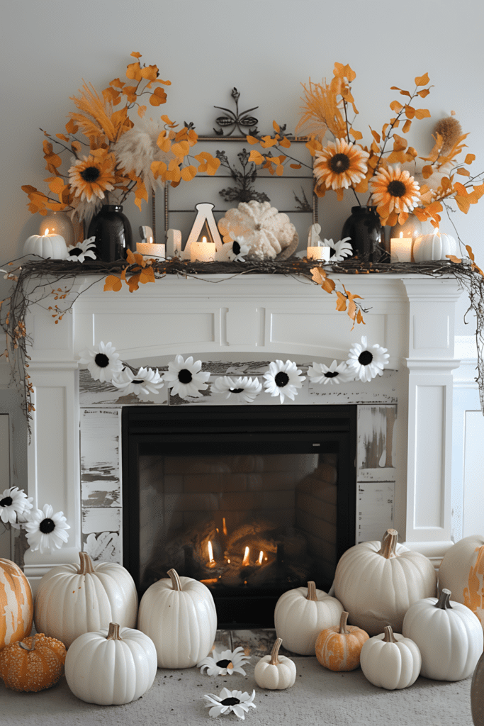 A whimsical mantel with sunflowers, orange leaves, white pumpkins, and candles.