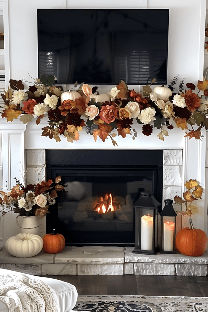 A mantel decorated with lush autumn blooms, white and blush pumpkins, lanterns, and candles