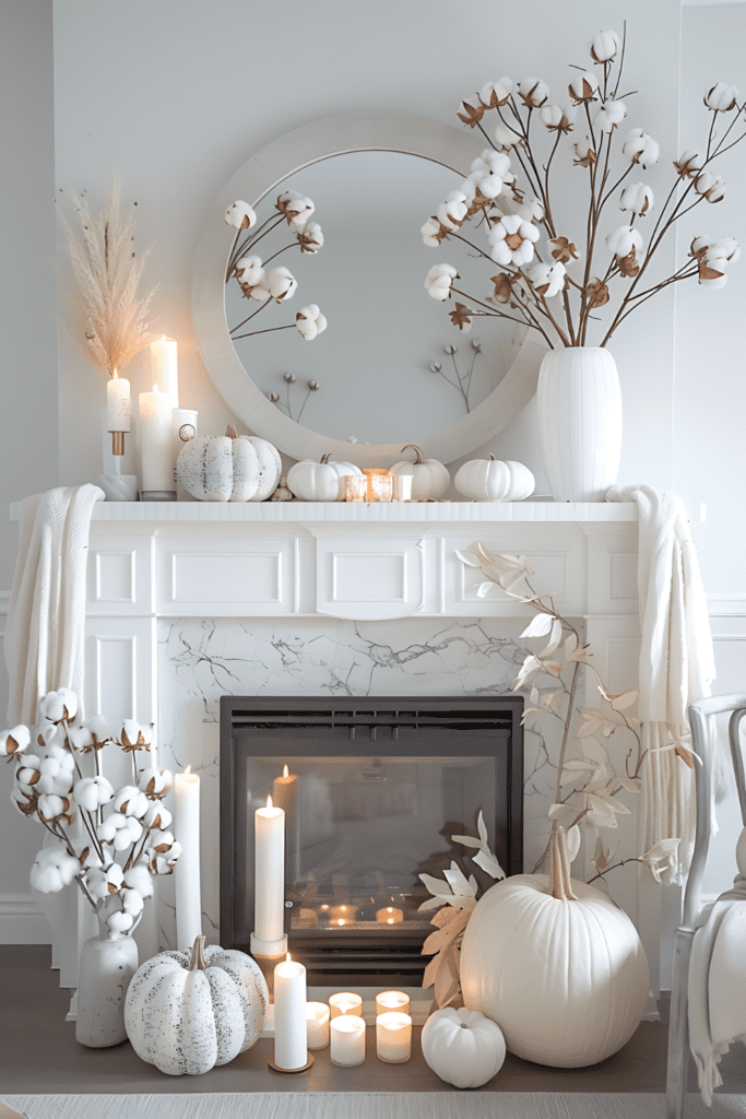 A serene mantel with white pumpkins, candles, cotton branches, and a large circular mirror.