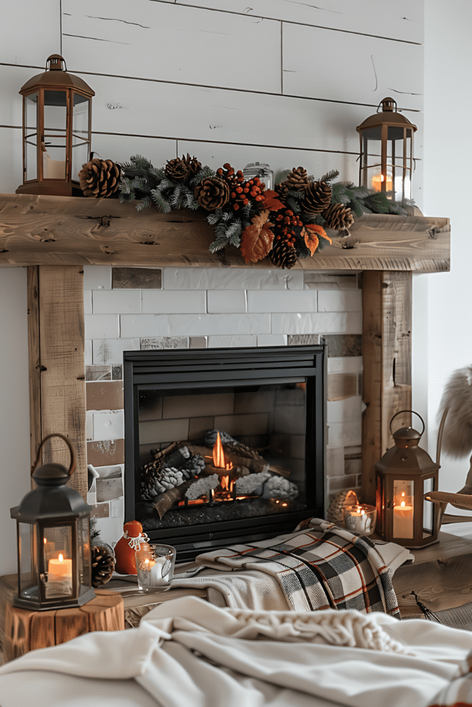 A cozy autumn mantel decorated with a garland of pinecones, berries, evergreens, lanterns, and a plaid blanket.