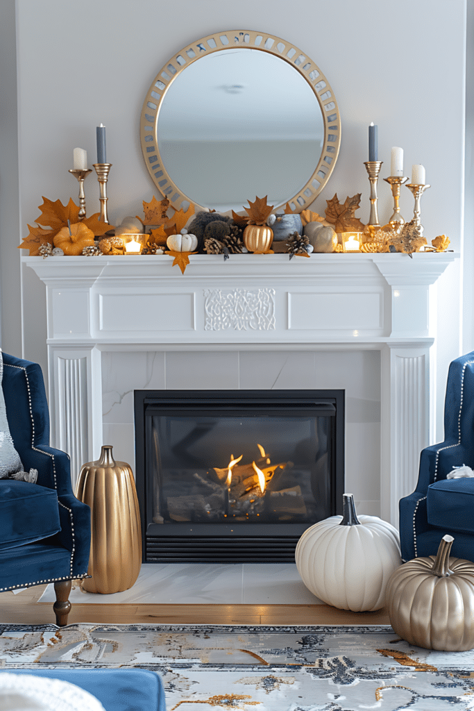 Fall mantel decoration with gold, white, and green elements including pumpkins