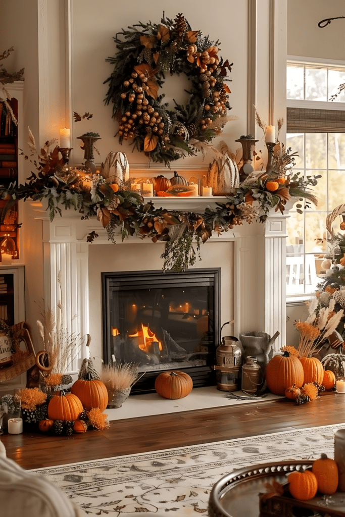 Vibrant mantel with greenery, pumpkins, floral elements, a large wreath, garland