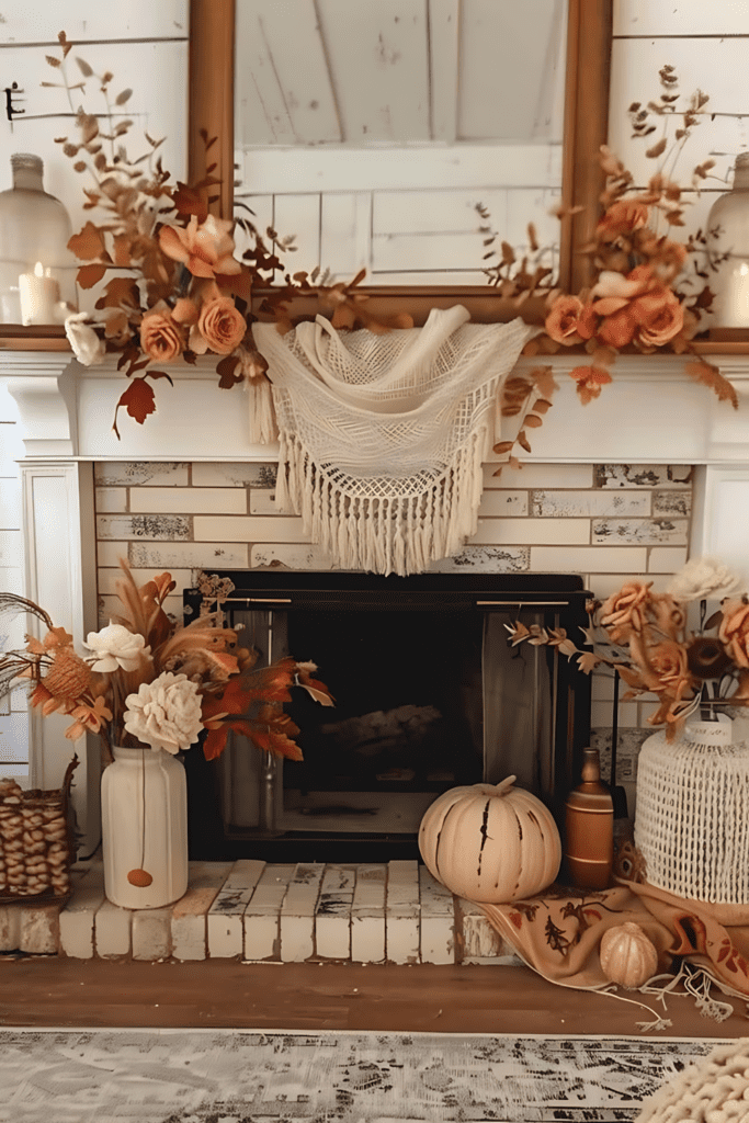 Rustic mantel featuring a macrame hanging, autumnal flowers