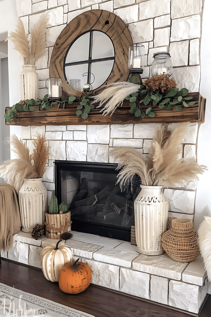 A minimalist mantel decorated for fall with pampas grass, eucalyptus, candles, and a large round mirror