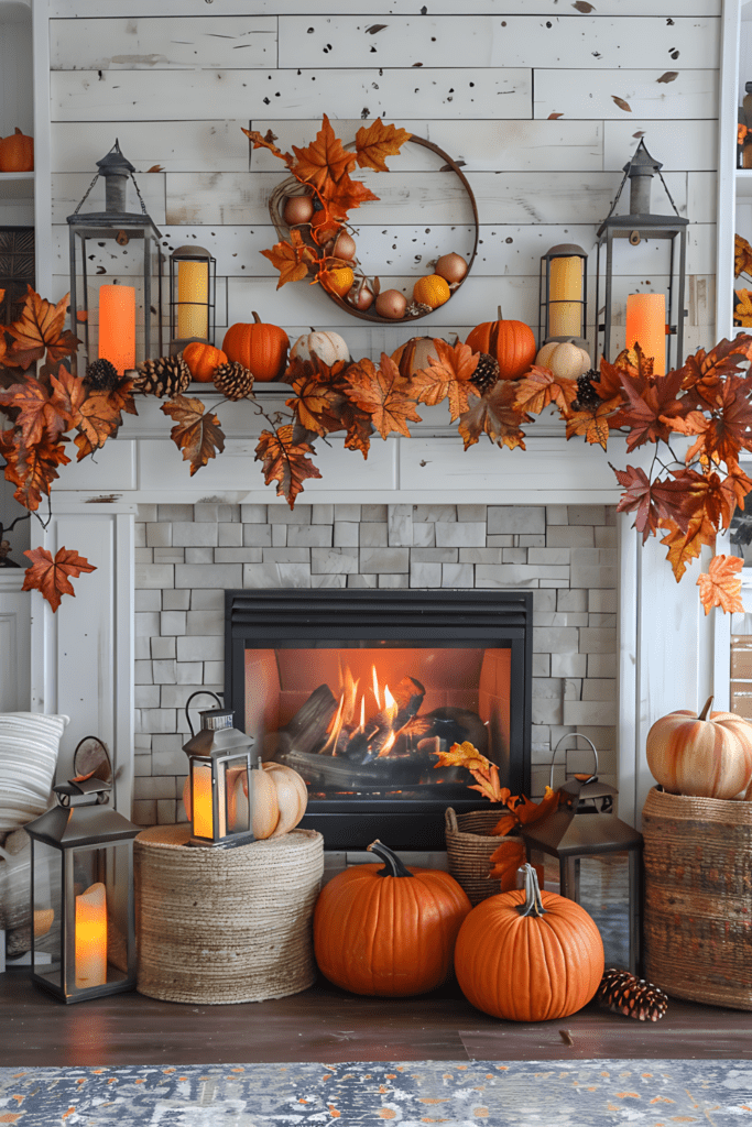 Classic autumn mantel with orange pumpkins, pine cones, lanterns, leafy garland