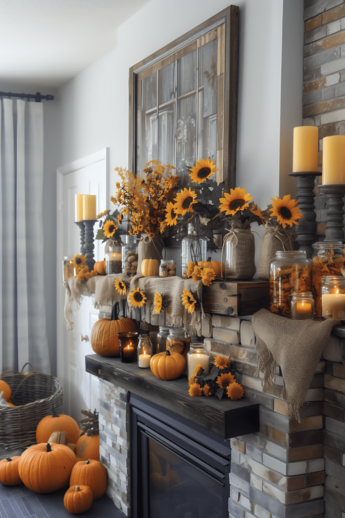 Cheerful mantel with sunflowers, pumpkins, candles, burlap