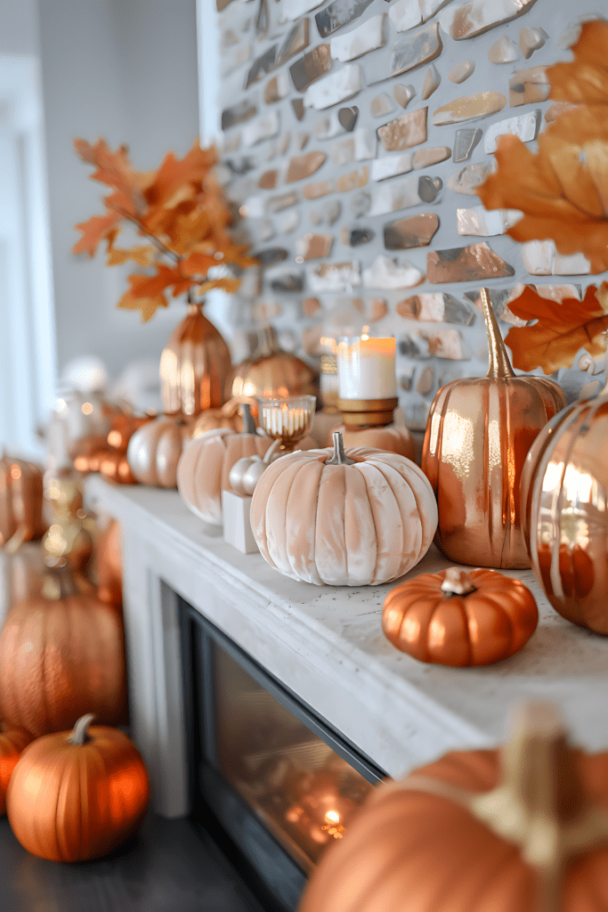 Modern mantel with metallic and velvet pumpkins in blush and copper tones, featuring a minimalist and chic aesthetic.