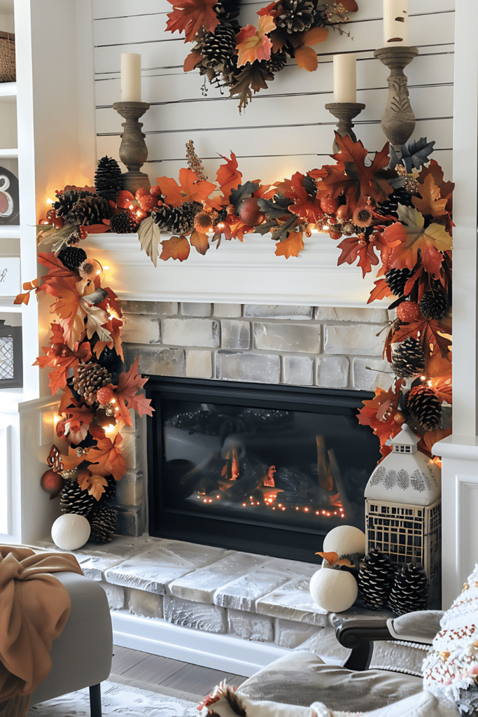 A cozy fall mantel decorated with a garland of leaves and pinecones, candles, and a shiplap background.