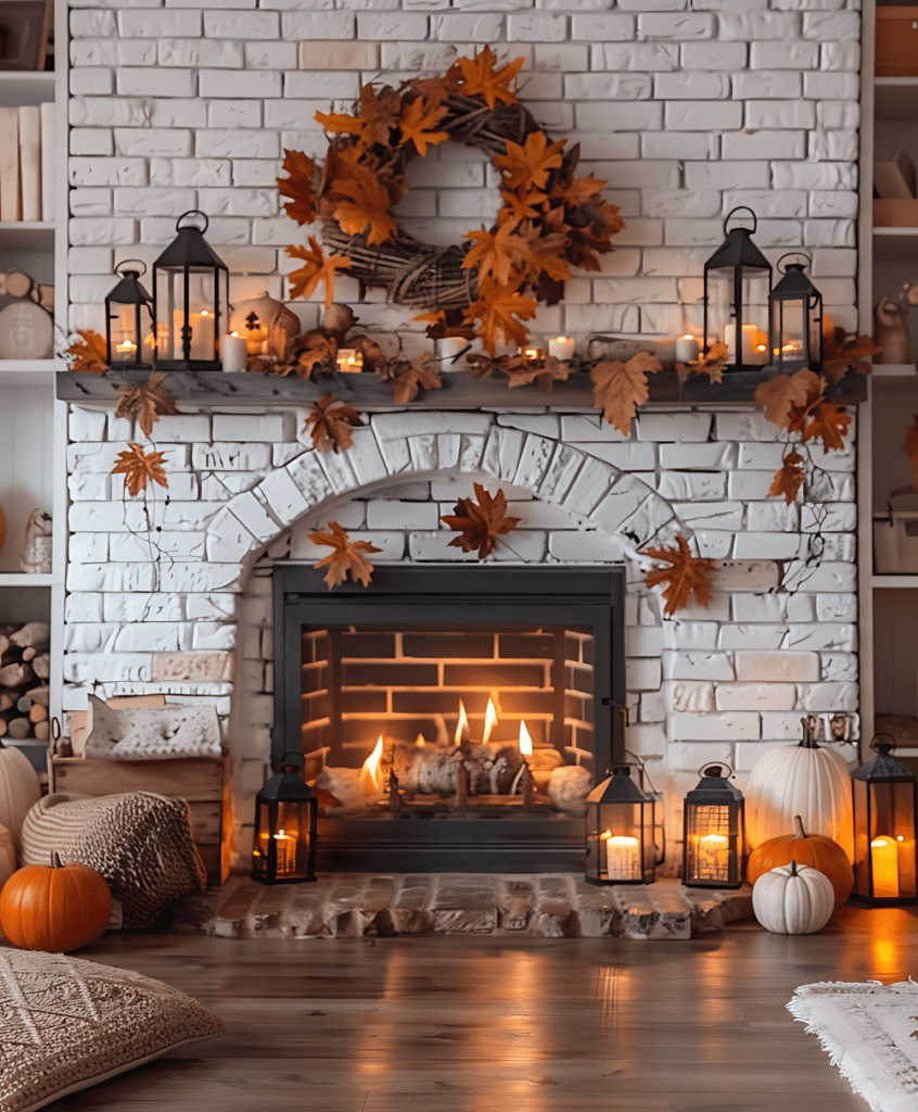 A rustic fall mantel with a white brick fireplace, orange leaves, dark lanterns, and pumpkins.