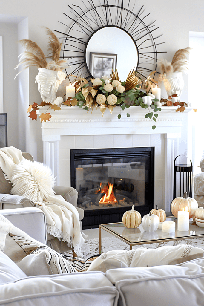 A modern mantel decorated for fall with golden accents, white pumpkins, lush foliage, and a sunburst mirror