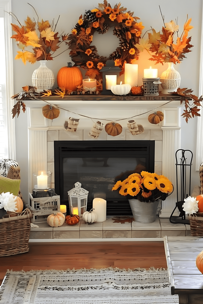 A festive fall mantel with sunflowers, pumpkins, a vibrant wreath, candles, and lanterns.