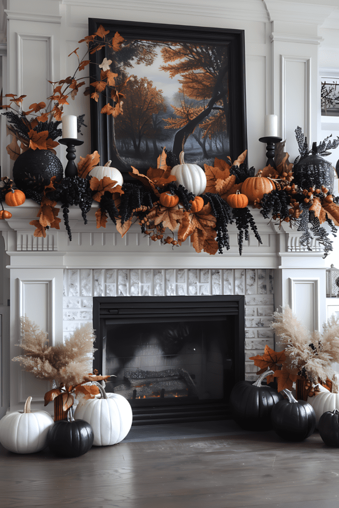 A dramatic fall mantel with black and white pumpkins, rich orange foliage, black vases, and an autumn painting.