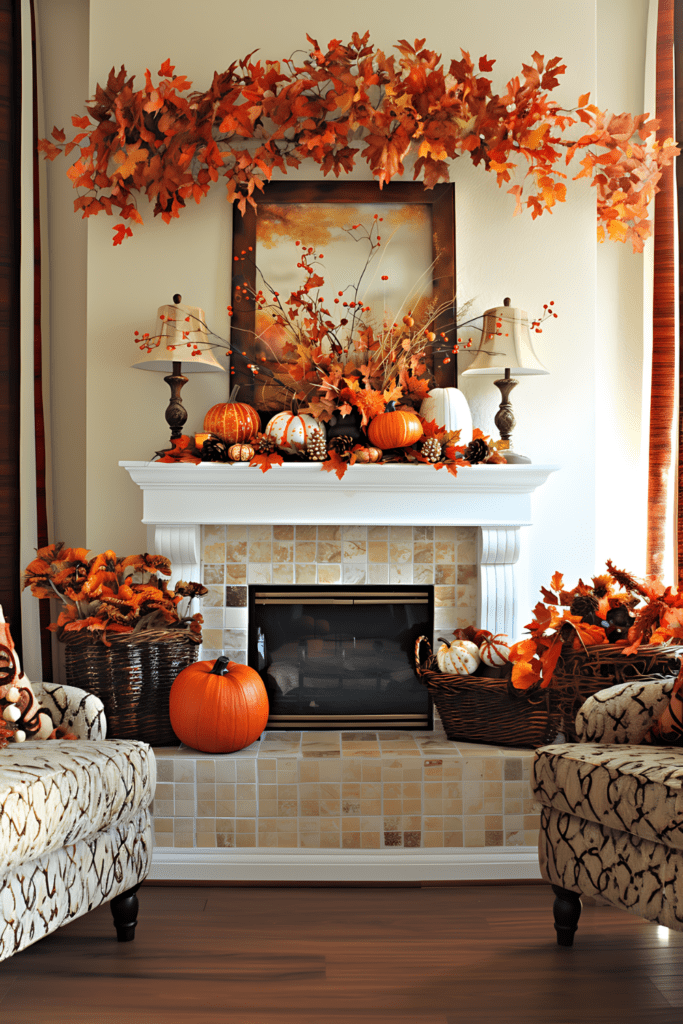 A mantel decorated for fall with cascading autumn leaves, pumpkins, and warm-toned decor, flanked by cozy armchairs