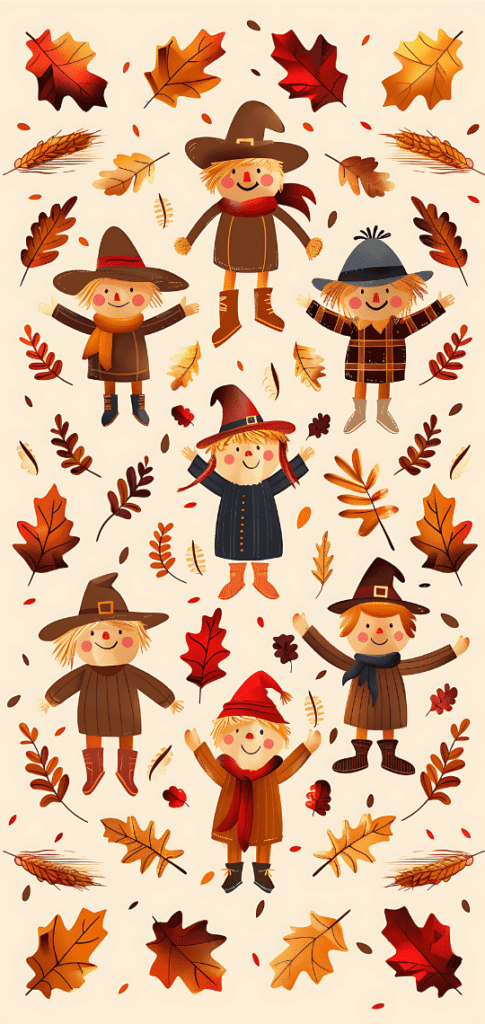 scarecrows and leaves in a pattern 