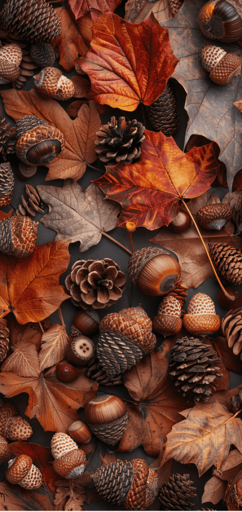 acorns and fall leaves gathered on the floor