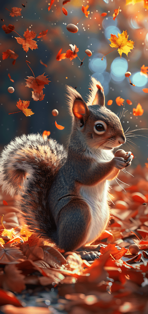 squirrel holding acorn and leaves falling around it during autumn