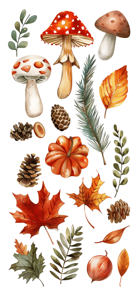 mushrooms, pumpkins, and leaves pattern