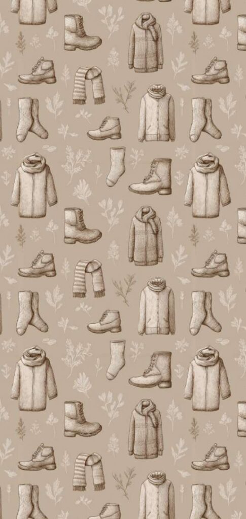 Line-drawn fall clothes and boots on beige background.