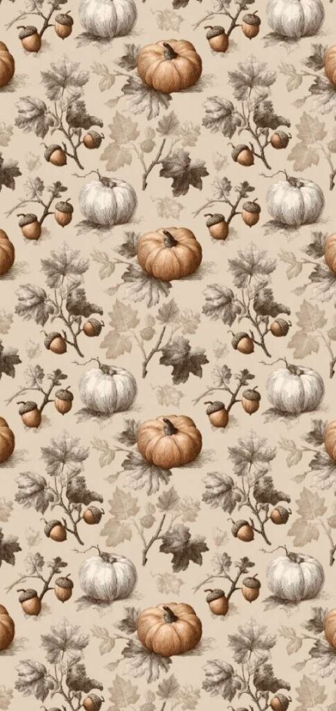 Vintage pumpkin and leaf pattern with earthy autumn tones.
