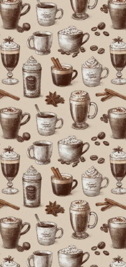 Hand-drawn coffee mugs and spices in cozy fall tones.