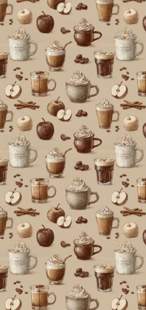 Hand-drawn coffee mugs and spices in cozy fall tones.