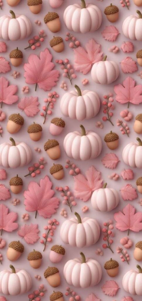Cute pink pumpkins, leaves, and acorns on soft background.
