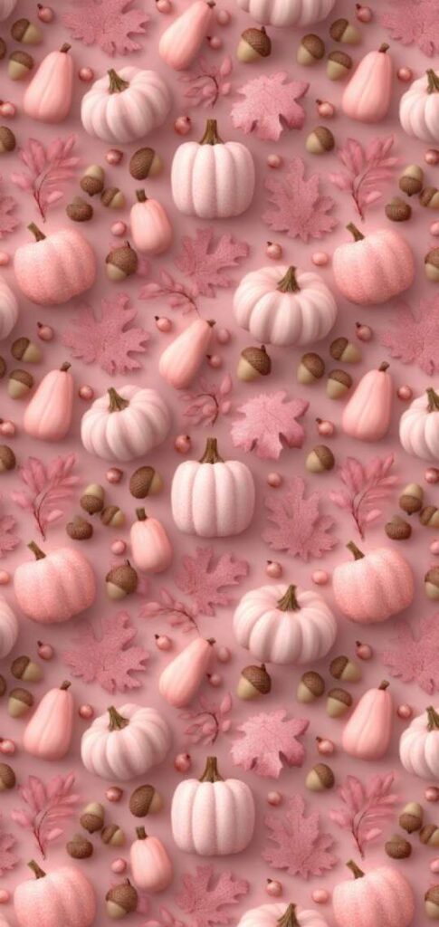 Cute pink pumpkins, leaves, and acorns on soft background.