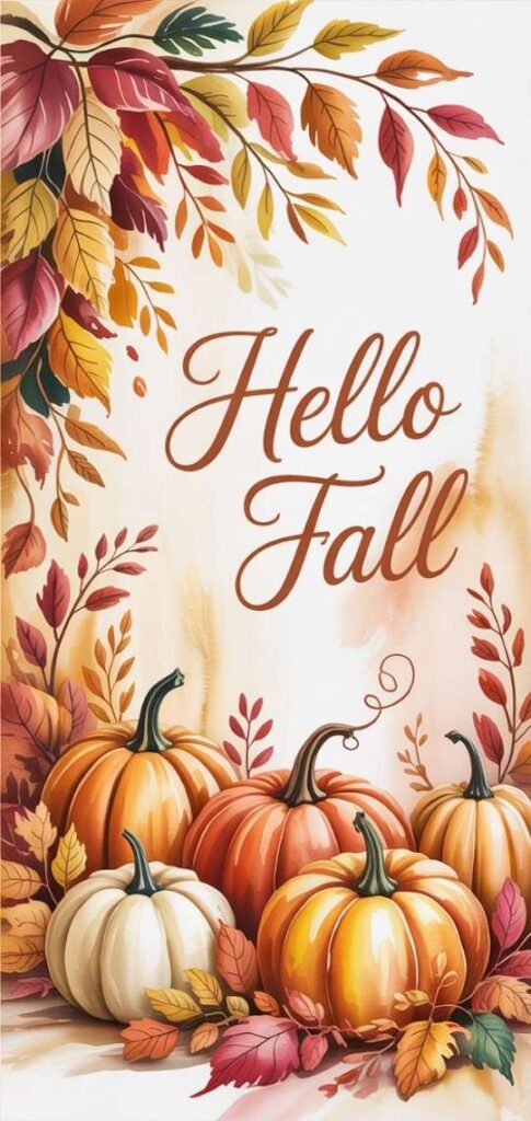 Hello Fall quote with pumpkins and colorful autumn leaves.