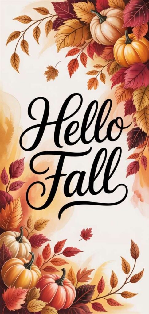 Hello Fall quote with pumpkins and colorful autumn leaves.
