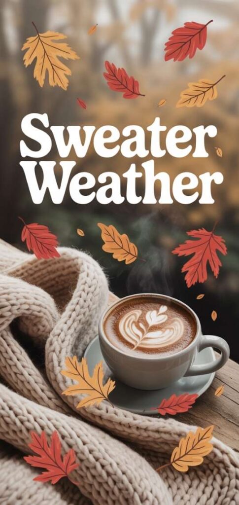 Sweater Weather quote with latte and falling leaves.