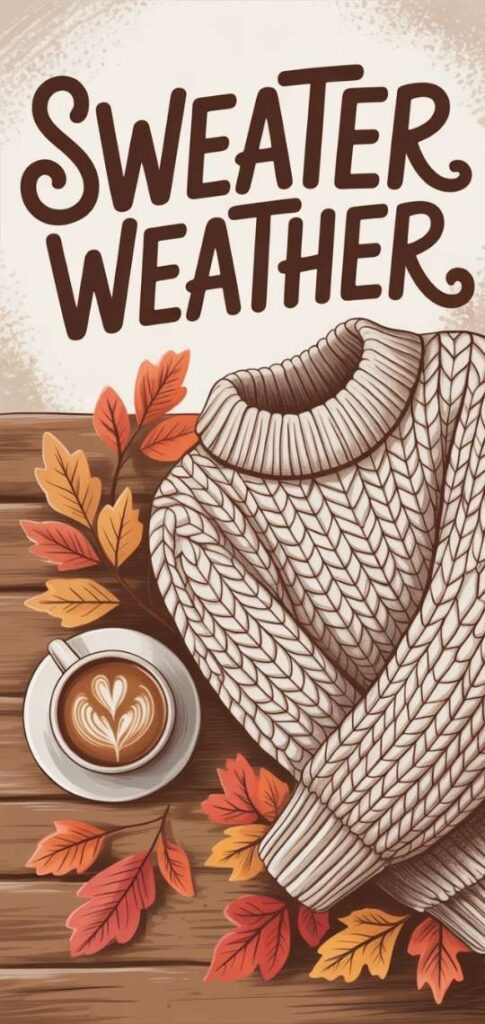 Sweater Weather quote with latte and falling leaves.